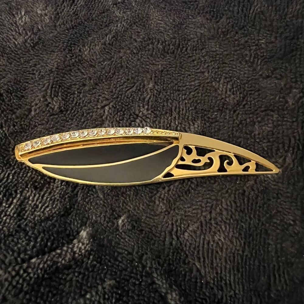 Vintage Berebl Black Enamel Gold Leaf Brooch with Rhinestones